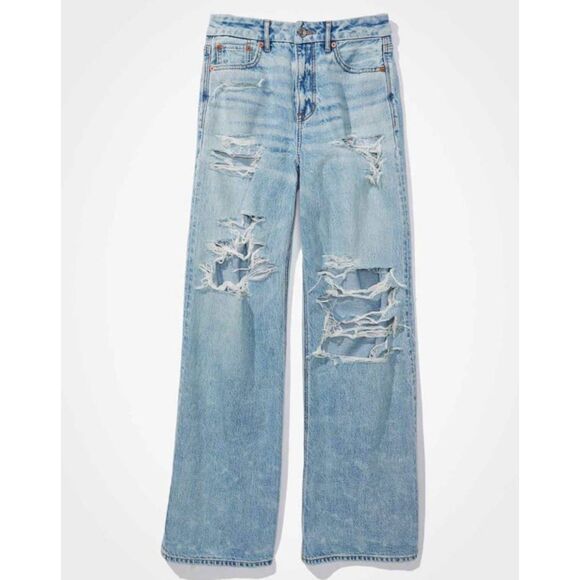 American Eagle Strigid Curvy High waisted ripped baggy wide leg jeans denim 8 - Picture 1 of 12